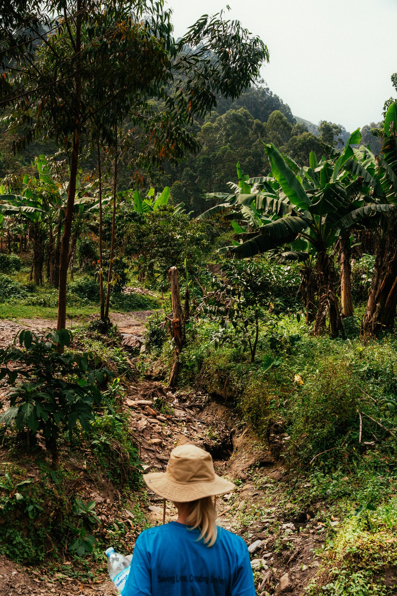 Woman on a dirt path through green Ugandan highlands
