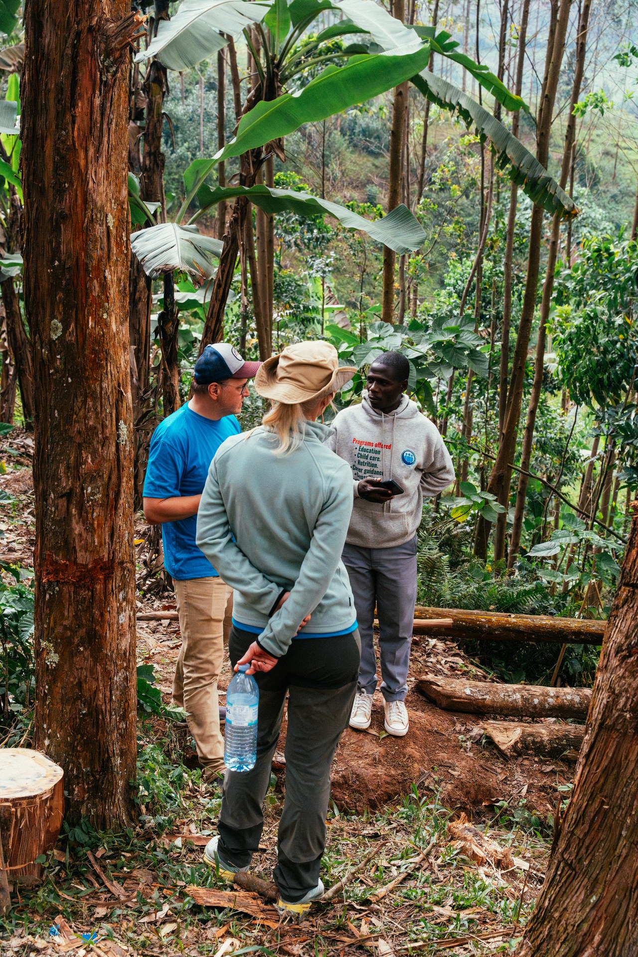 Meeting in the forest: three people in conversation