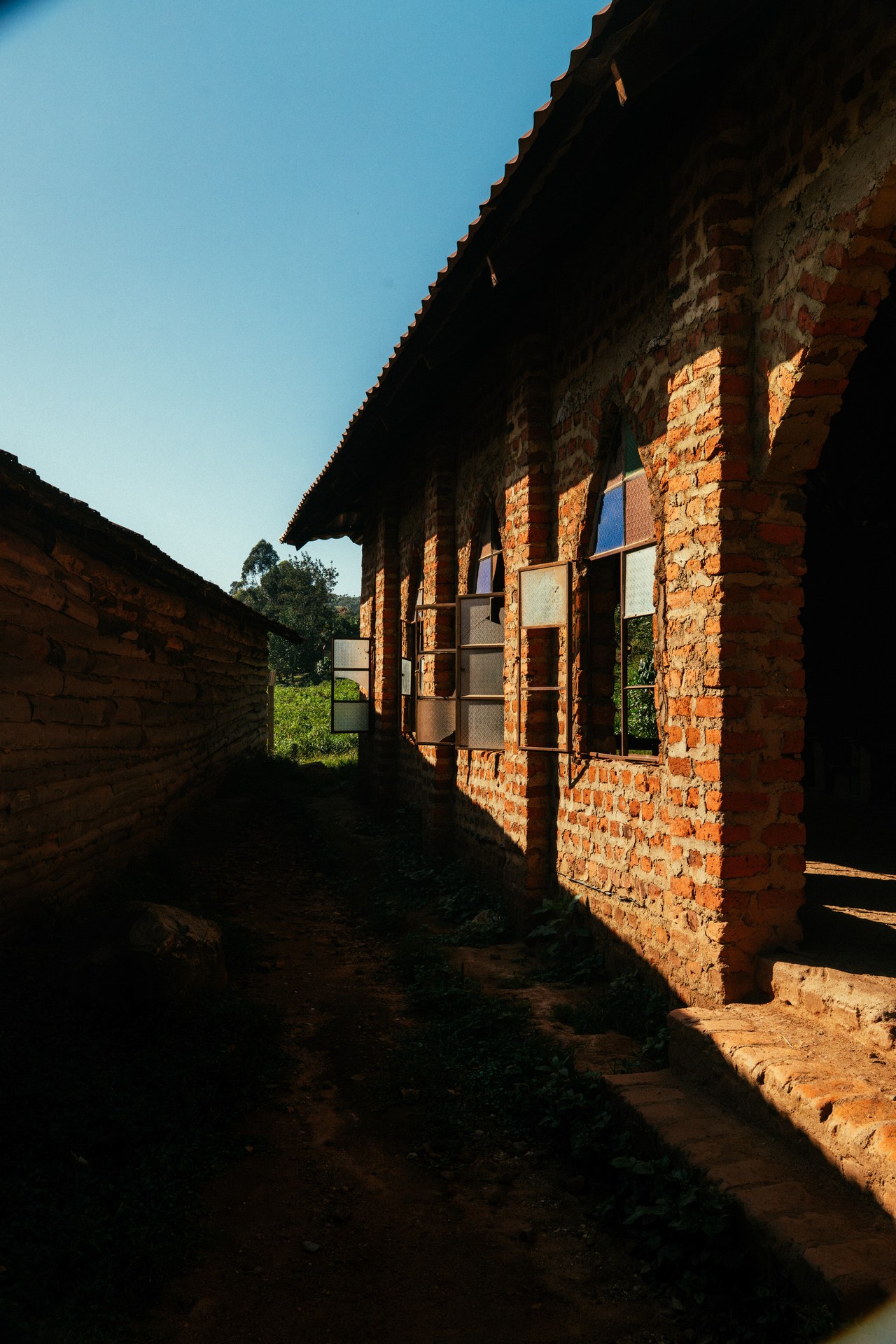 Brick walls in evening light at Buhoma orphanage