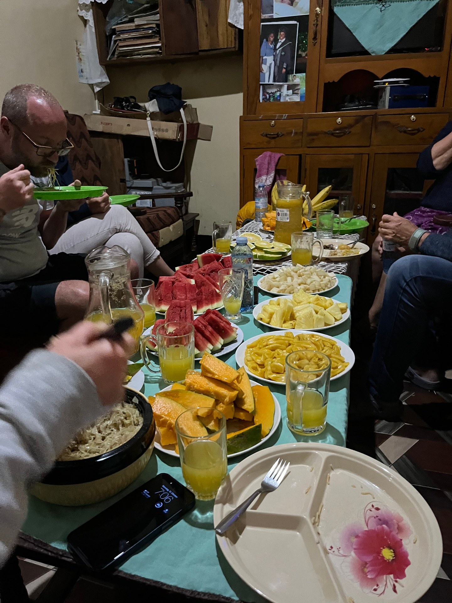Typical Ugandan vegetarian meal: fresh pineapple, avocado, chapati and beans, Butiru, Uganda