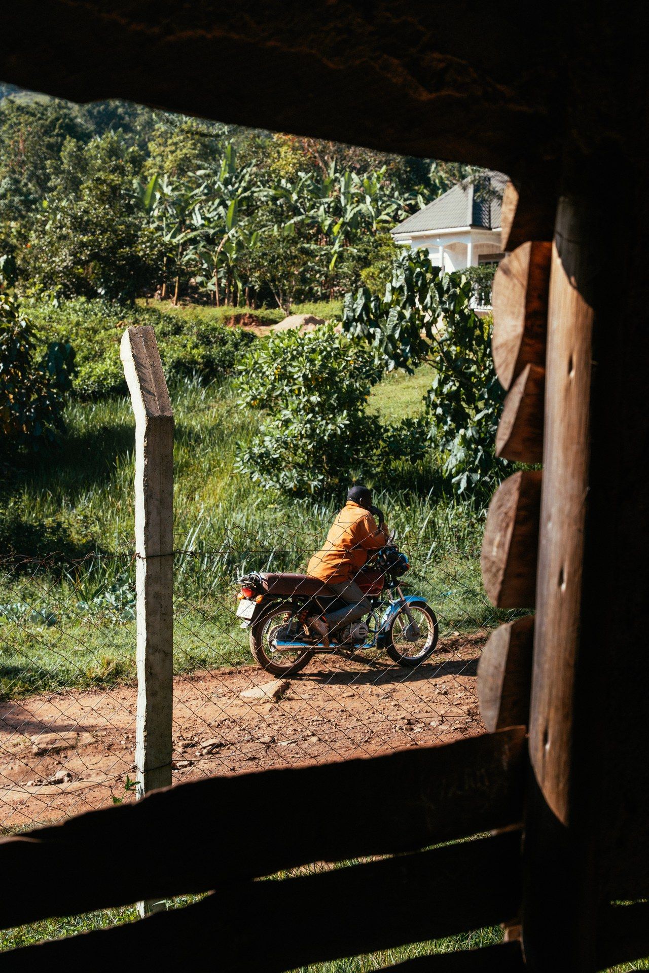 BodaBoda motorcycle rider in Buhoma village, Uganda — everyday transport at the edge of Bwindi