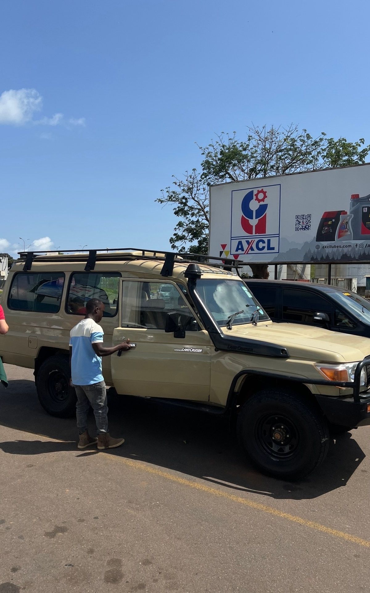 Safari Jeep at Entebbe Airport — the starting point for western Uganda, photographed January 2026